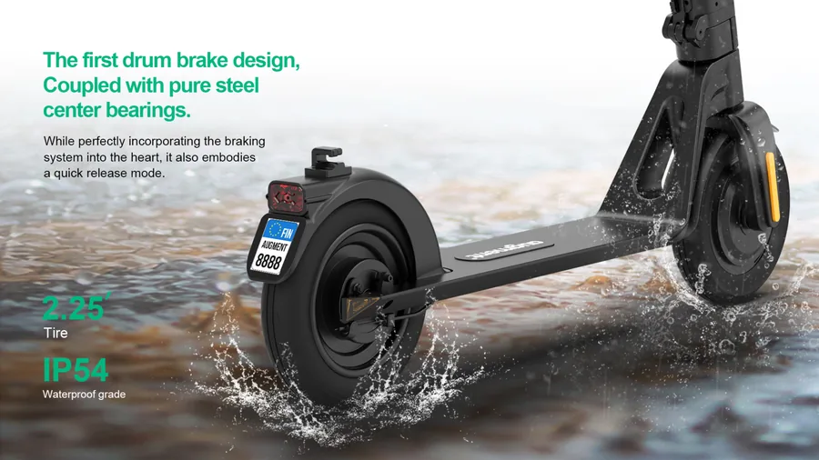 D01 rear drum brake and IPX4 splash resistance