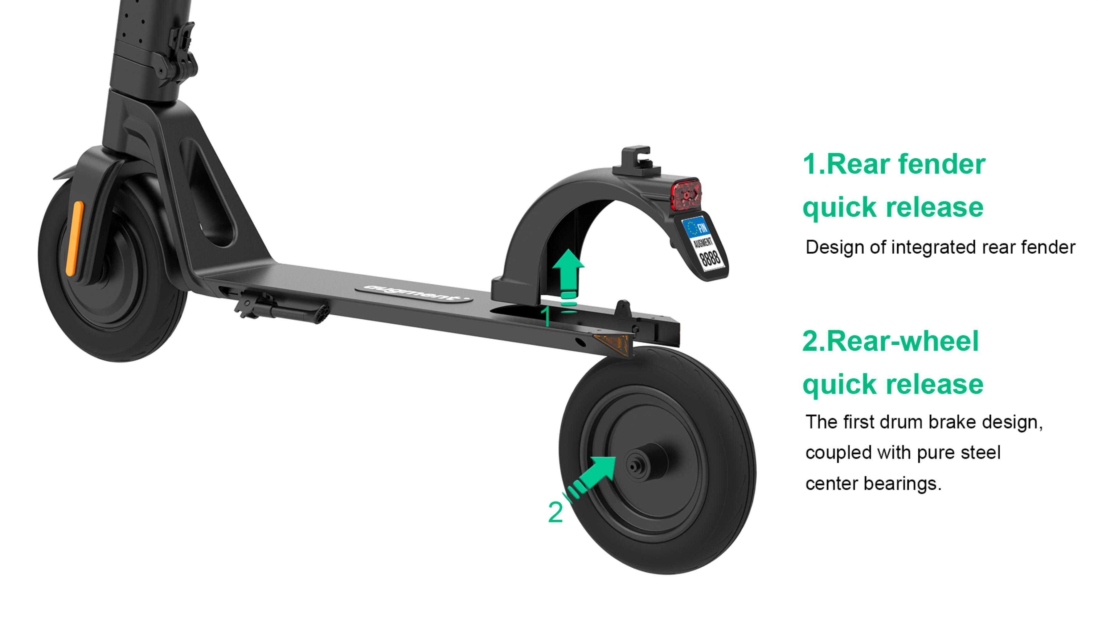 Quick-release rear wheel and fender on the D01 electric scooter for fast counter-side repair