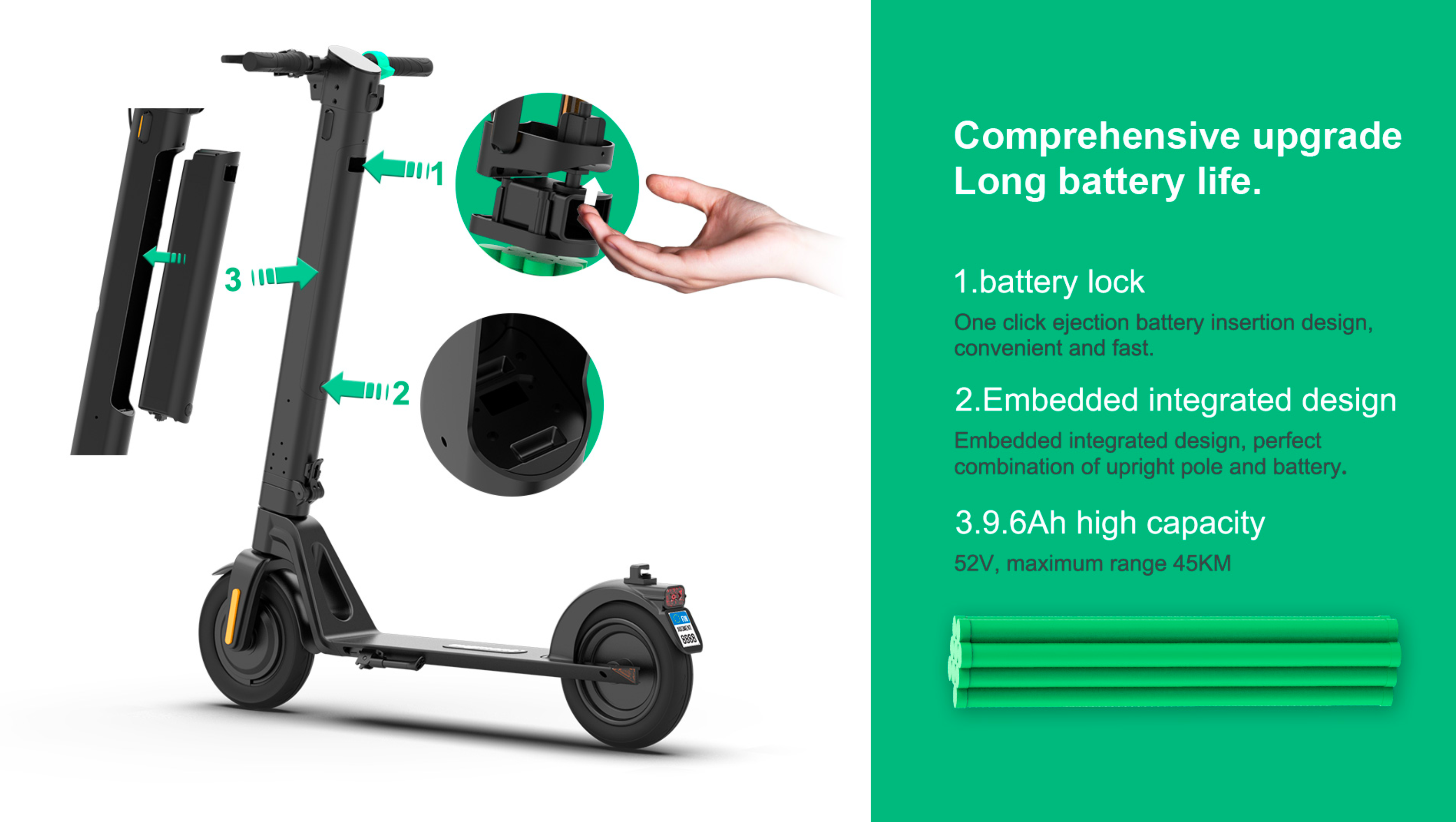 One-click removable 52V 9.6Ah battery on the Smilescooter D01 electric scooter