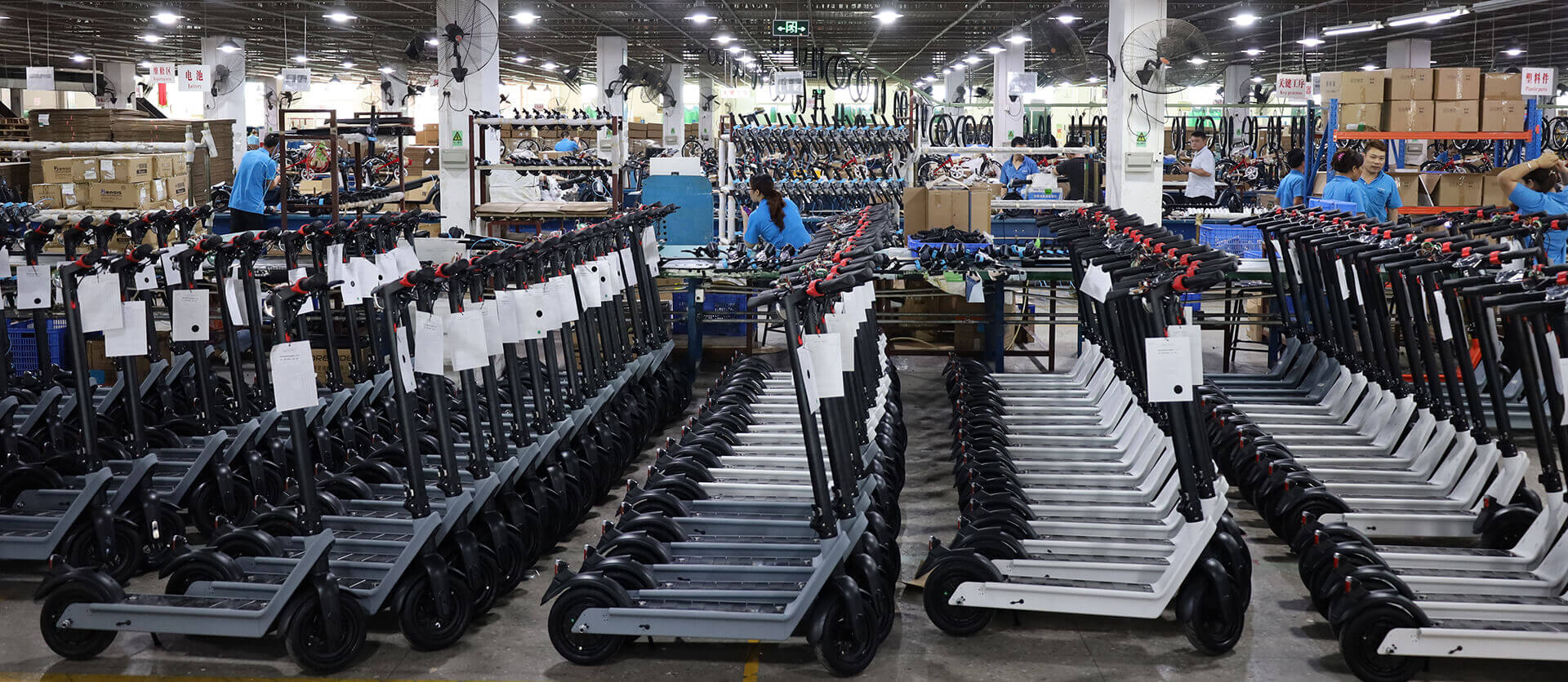 Mass production hall at our Shenzhen electric scooter factory